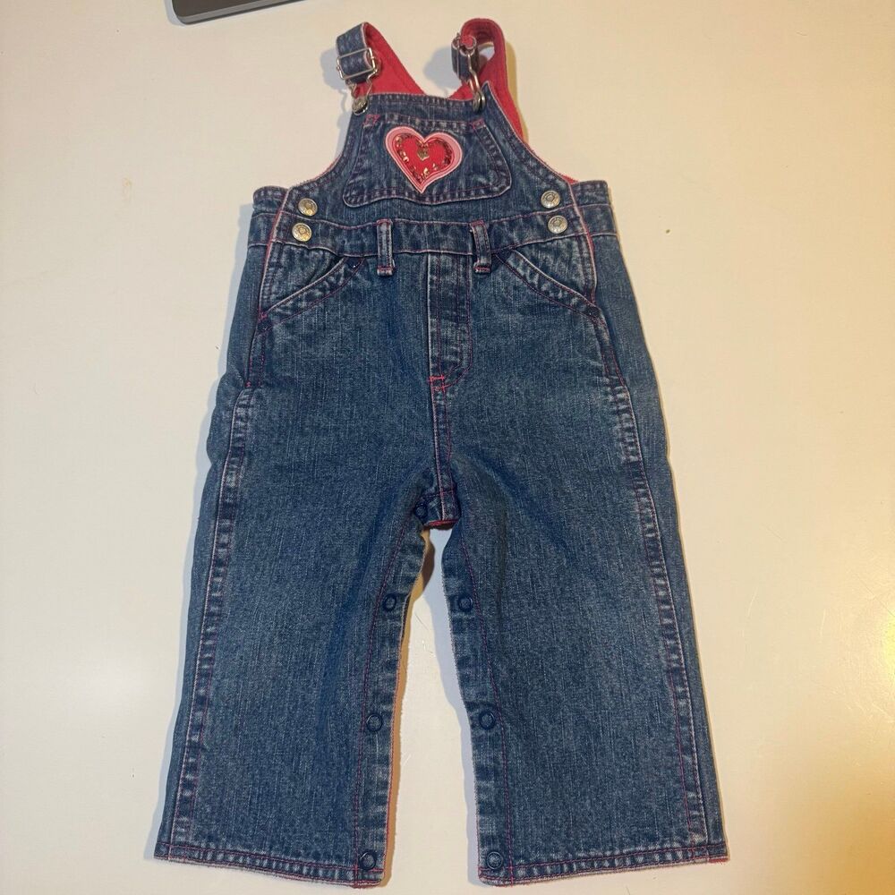 Y2K Children’s Place Size 6/9 Month Fleece Lined Overalls - Denim and Pink